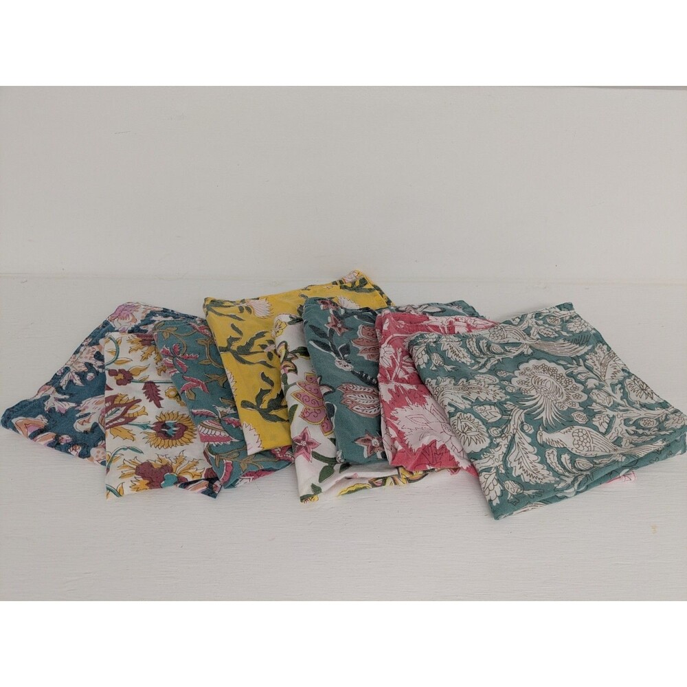 Vtg Floral Napkins Set (8) Block Print Boho Cottagecore Multi Patterns 15" x 15"